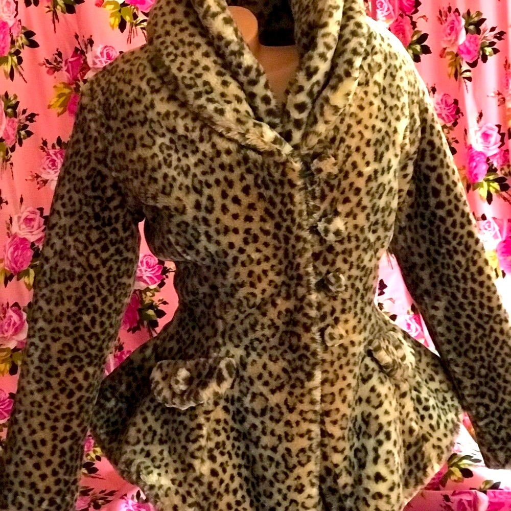 BIFL Leopard fur coat jacket Betsey Johnson peplum vintage M retro rockabilly